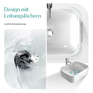 Emke eckiges Keramik Aufsatzwaschbecken, weiß, mit abgerundeten Kanten und effizientem Wasserablauf. Modern.