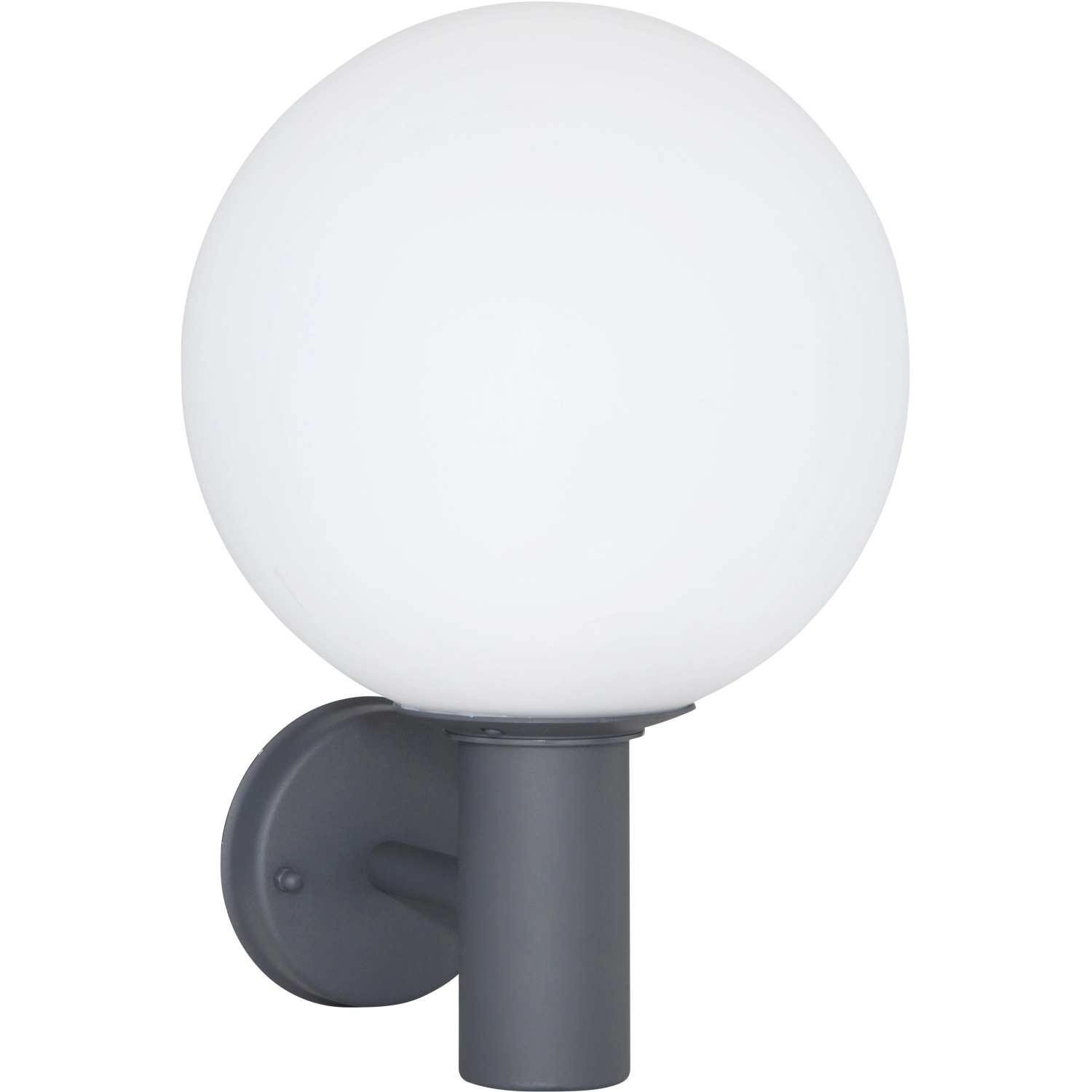 Anthrazitfarbene Globo Außenleuchte Ossy mit weißem Opalglas, Ø 25 cm, für die Wandmontage.