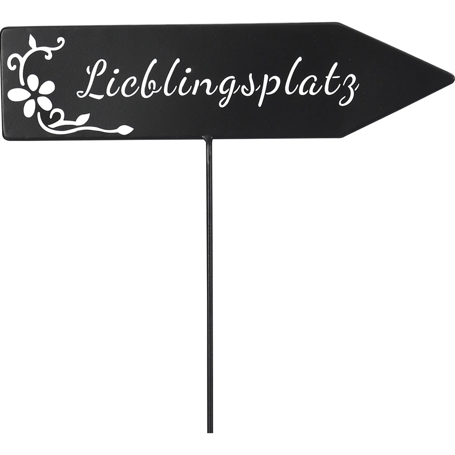 Schwarzer Gartenstecker Wegweiser "Lieblingsplatz" mit Blumenranke, 115 cm hoch.