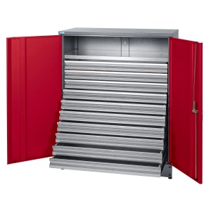 Küpper Materialschrank, dunkelrot, mit 2 Türen und 10 Schubladen. Werkzeugschrank mit viel Stauraum.