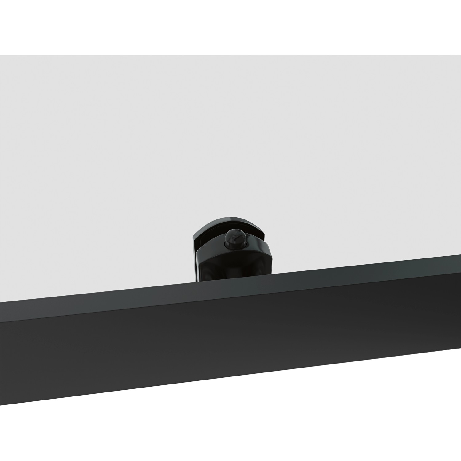 Detailaufnahme: Schwarzer Profilrahmen und Laufrolle der baliv Dusch-Schiebetür.