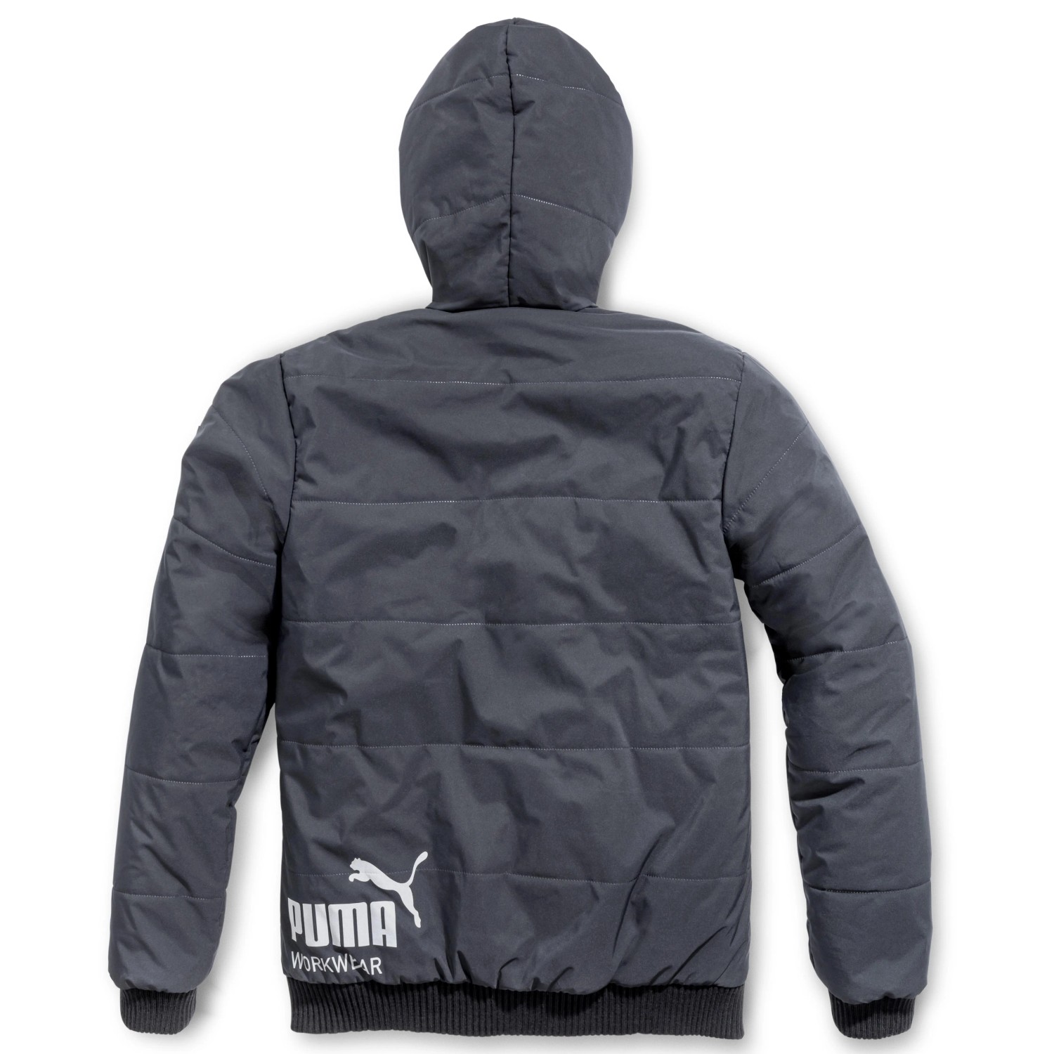 Puma Workwear Winterparka Champ Carbon Gr. L, Rückansicht mit Kapuze und Logo.