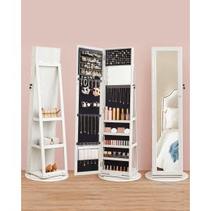 Songmics Schmuckschrank Berit, drehbar, weiß, mit Spiegel und Stauraum für Schmuck und Accessoires.