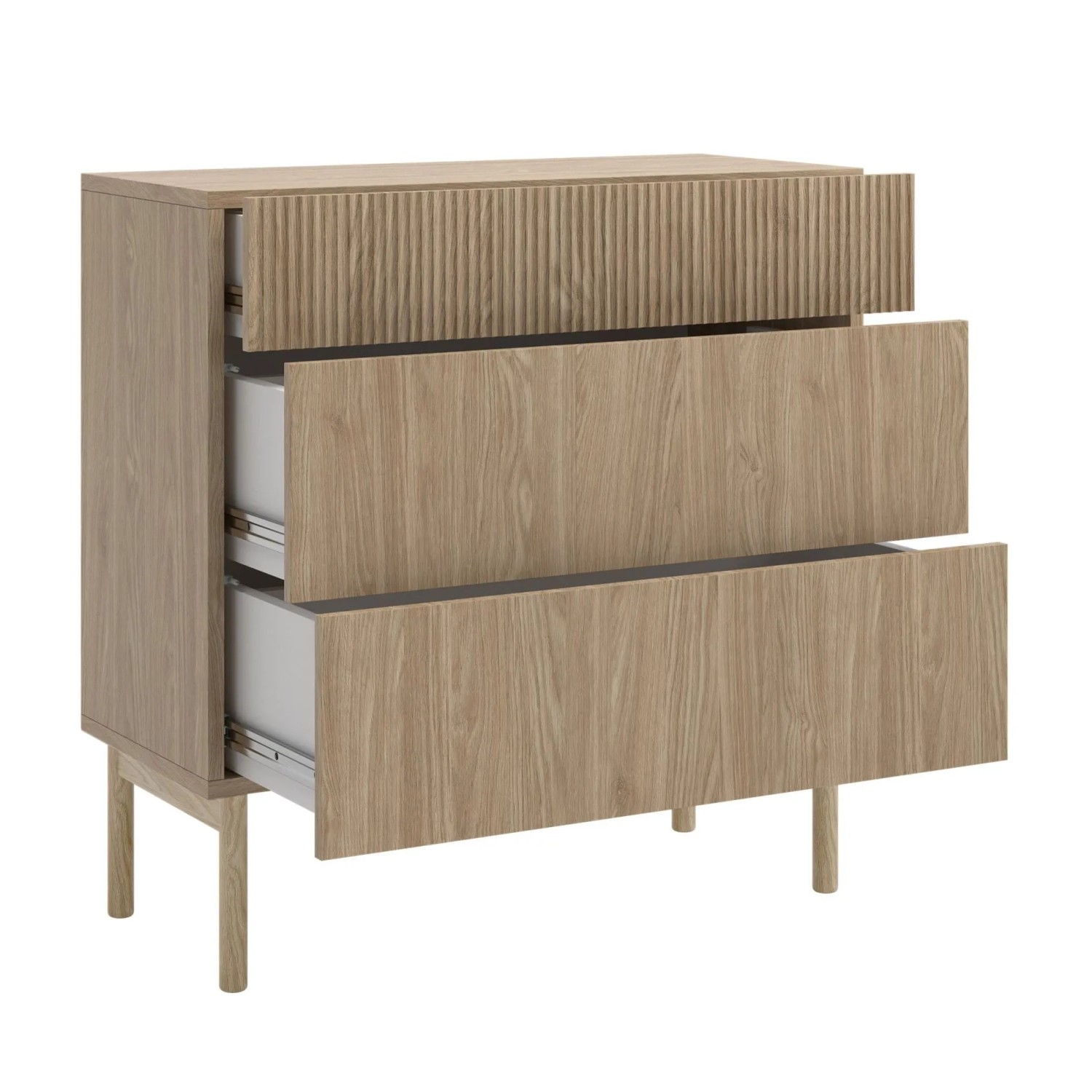 Selsey Nolie Kommode, geölte Eiche, 90 cm, mit drei Schubladen, oberste geriffelt, auf Holzbeinen.