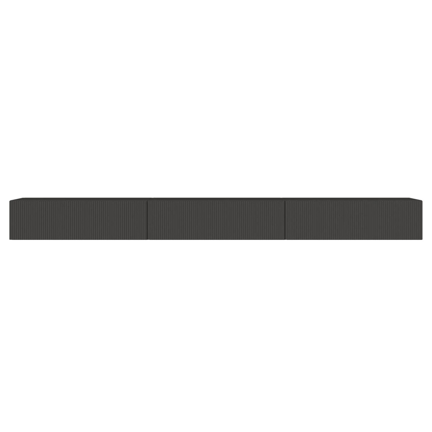 Schwarzes Selsey TV-Hängeboard Veldio, 300 cm, mit geriffelter Lamellenfront. Moderner TV-Schrank.