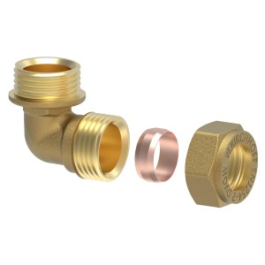 Kirchhoff Winkel 90° Klemmfitting für CU-Rohr 18 mm x 21 mm (1/2 AG) aus Messing, blank.