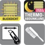 Symbole für Gardinia Easy Fix Plissee: blickdicht, Thermo-Abdunklung, kürzbar, Reinigungsbürste.