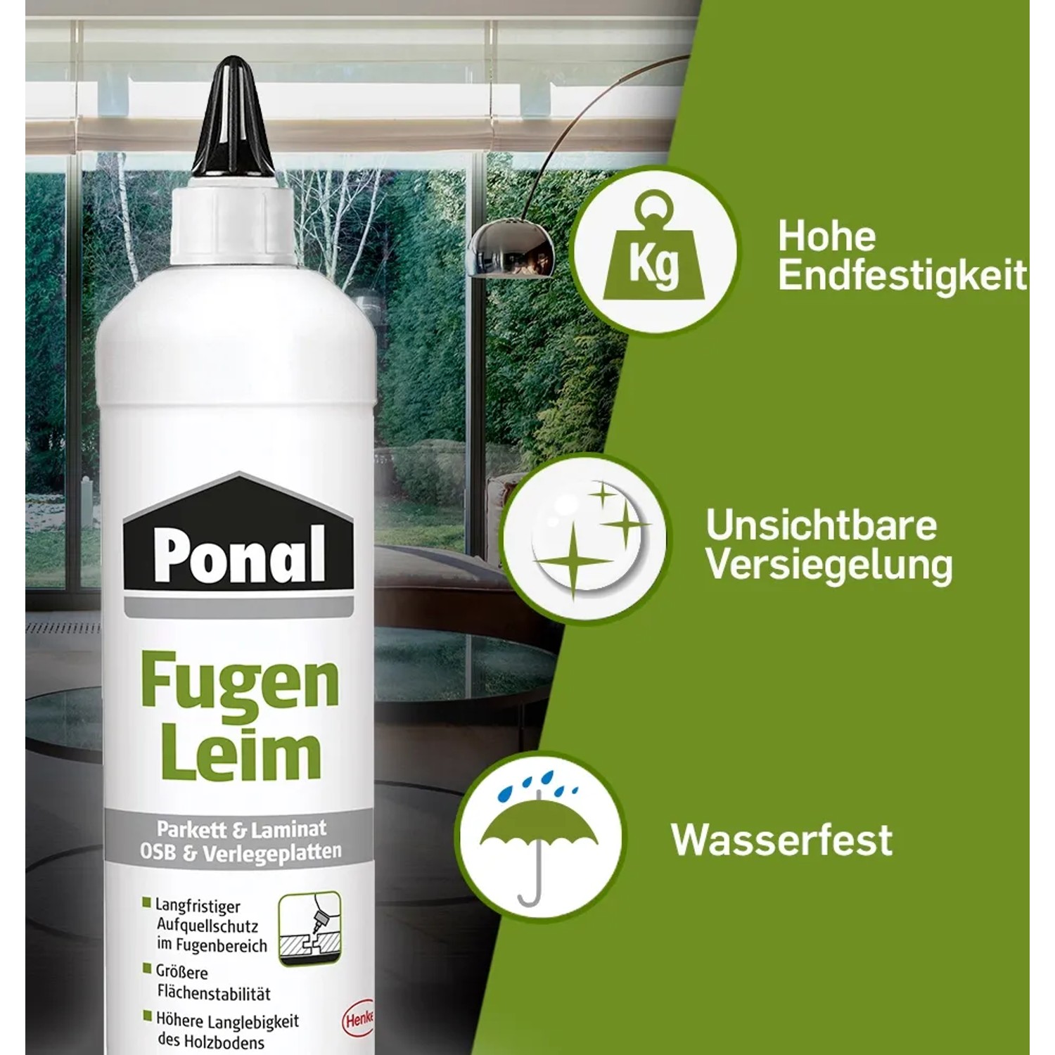 Ponal Fugenleim, wasserfester Holzleim für Parkett und Laminat, 1 kg Flasche.
