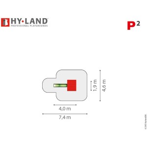 Draufsicht Hy-Land Spielgerät P2 mit Rutsche: Maße 4,0 x 7,4 m, Plattform 1,9 x 4,6 m. Spielturm für Kinder.