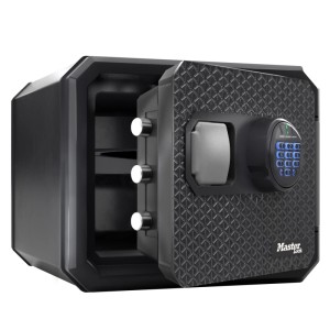 Offener, schwarzer Master Lock Tresor FPW082FTCML mit digitalem Zahlenschloss, feuer- und wasserbeständig.