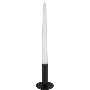 Schwarzer, runder Kerzenhalter aus Metall mit Tafelkerze, 9 cm hoch.