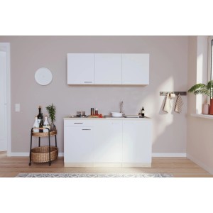 Respekta Singleküche Luis 150 cm in Weiß-Eiche sägerau mit Spüle und Kochfeld.