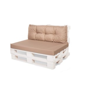 Beiges Setgarden Palettenkissen-Set mit Sitz- und Rückenkissen auf Europalette.