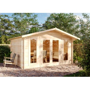 Unbehandeltes Alpholz Gartenhaus Mirko Modern mit Glastüren und 40mm Wandstärke.
