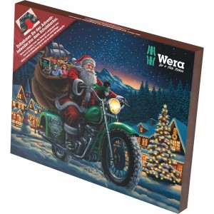 Wera Adventskalender 2025 mit Schraubwerkzeug: Weihnachtsmann auf Motorrad mit Werkzeugsack.