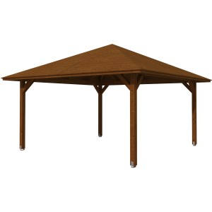 Holz-Pavillon Cannes 3, nussbaum lasiert, 424x424 cm. Gartenlaube mit robustem Leimholz und Dach.