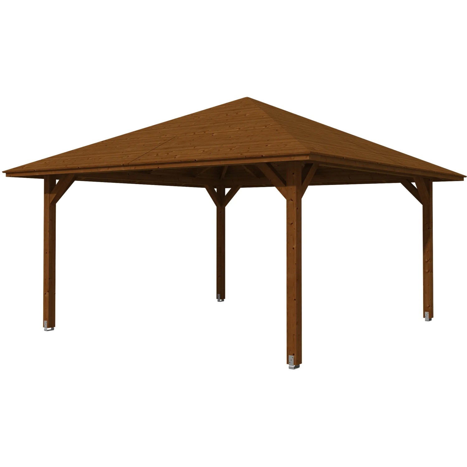 Holz-Pavillon Cannes 3, nussbaum lasiert, 424x424 cm. Gartenlaube mit robustem Leimholz und Dach.