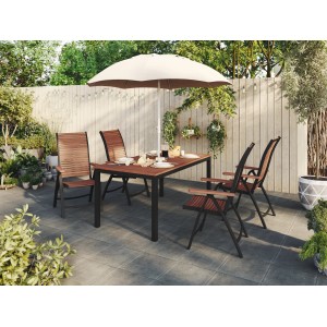 5-teilige Sitzgruppe Bonlee aus grauem Aluminium mit Tisch und vier Stühlen unter einem Sonnenschirm.