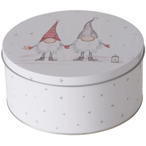 Mehrfarbige Boltze Vorratsdose Snorre M mit weihnachtlichem Zwergen-Motiv und Sternen.