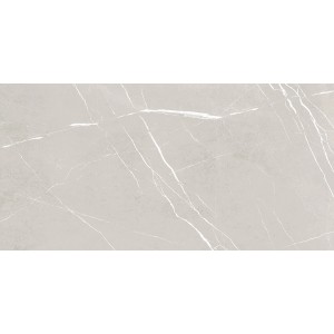 Graue, polierte Feinsteinzeug Bodenfliese, 60x120 cm, mit Marmor-Optik und glänzender Oberfläche.