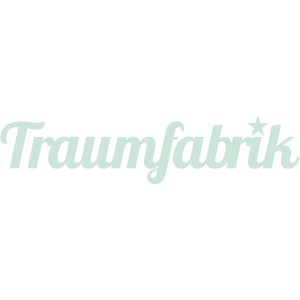 Wandtattoo Traumfabrik, mintgrüne Schrift auf weißem Grund.