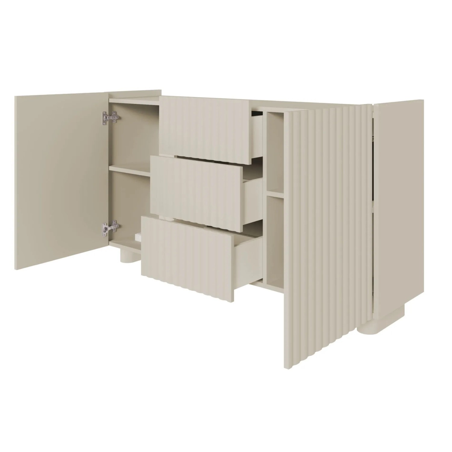 Selsey Sideboard Fiorra in Kaschmir mit geriffelten Fronten, offener Tür und 3 geöffneten Schubladen. Moderne Kommode.