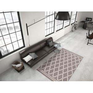 Moderner Teppich Retro 410 in Taupe-Elfenbein, 80x300 cm, mit geometrischem Muster.