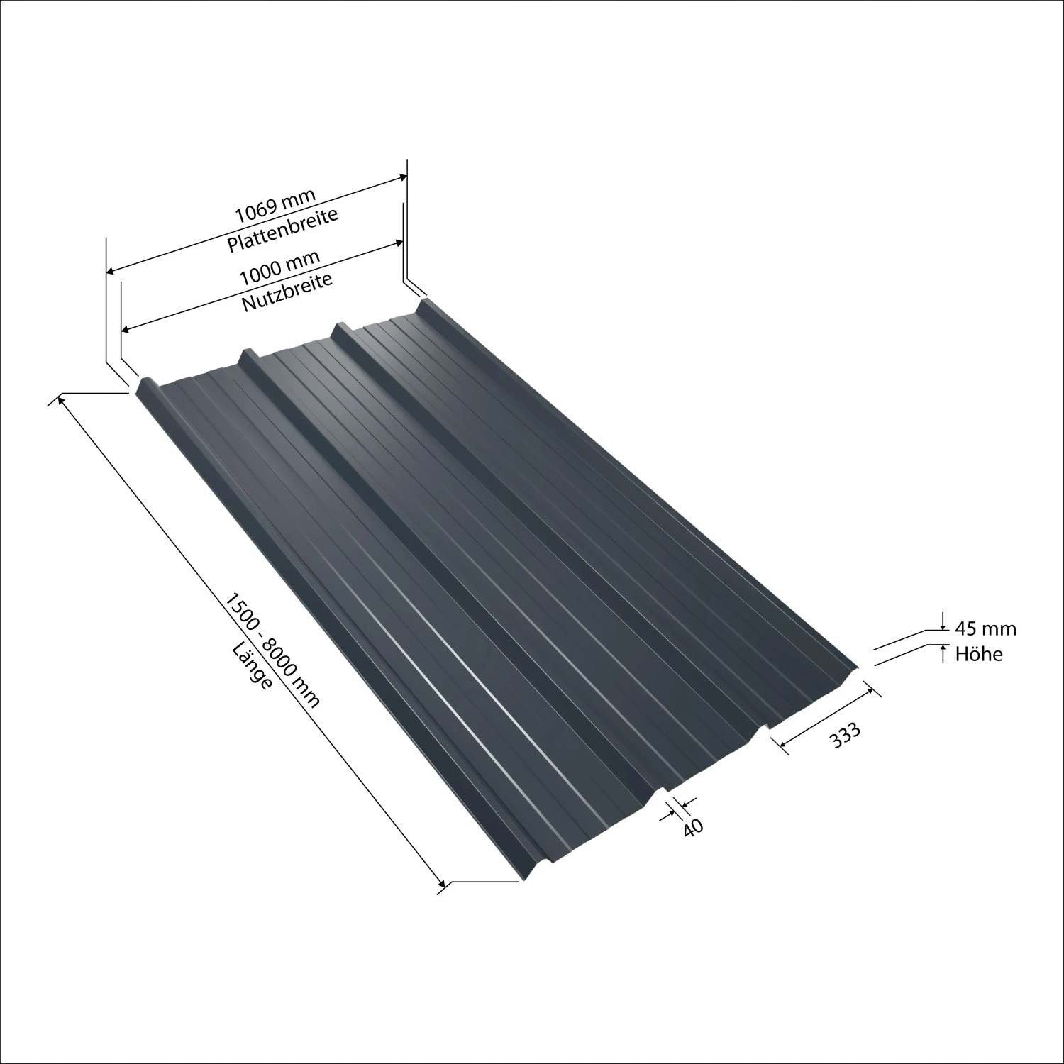 Weckman Trapezblech W45 in Anthrazit, Maße: 1500 x 1069 x 0,5 mm. Dachblech mit Profil.