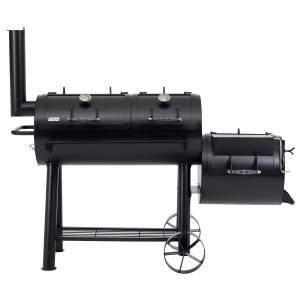 Schwarzer Tepro Smoker Indianapolis Holzkohlegrill mit zwei Kammern und Thermometern.