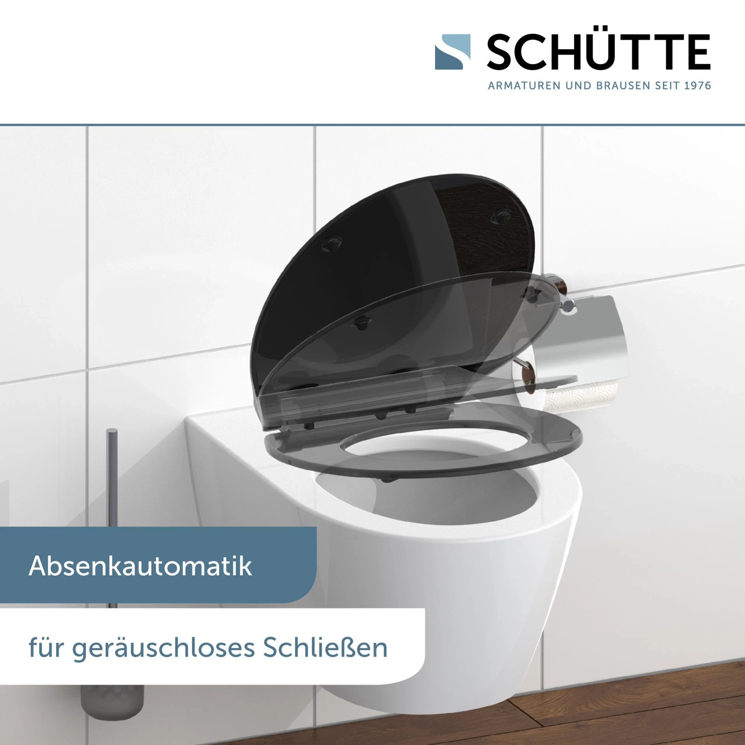 Schwarzer Schütte WC-Sitz Duroplast Slim mit Absenkautomatik und Schnellverschluss auf WC.