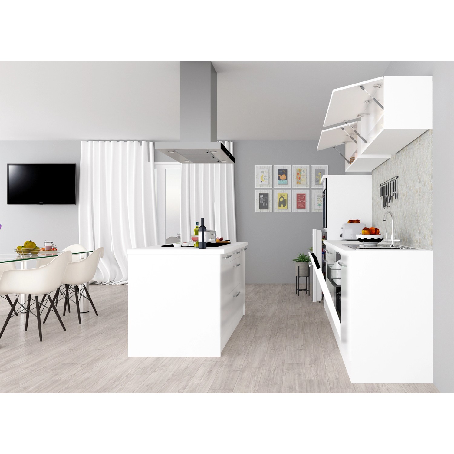 Respekta Premium Inselküche, 280 cm, Weiß Hochglanz mit Kochinsel, Spüle, Geräten und Esstisch.