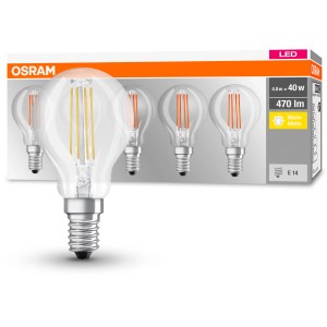 Osram LED E14 Tropfen 4W 470lm 5er Set: Klares Glas, warmweißes Licht, Vintage-Filament.