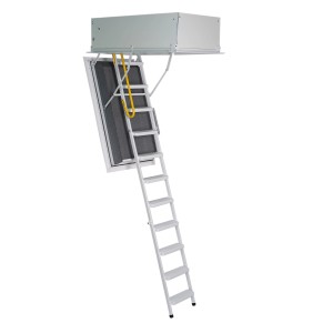 Minka Dachbodentreppe Arctic Fire (110x70 cm) mit weißem Unterdeckel und Stahl-Handlauf.