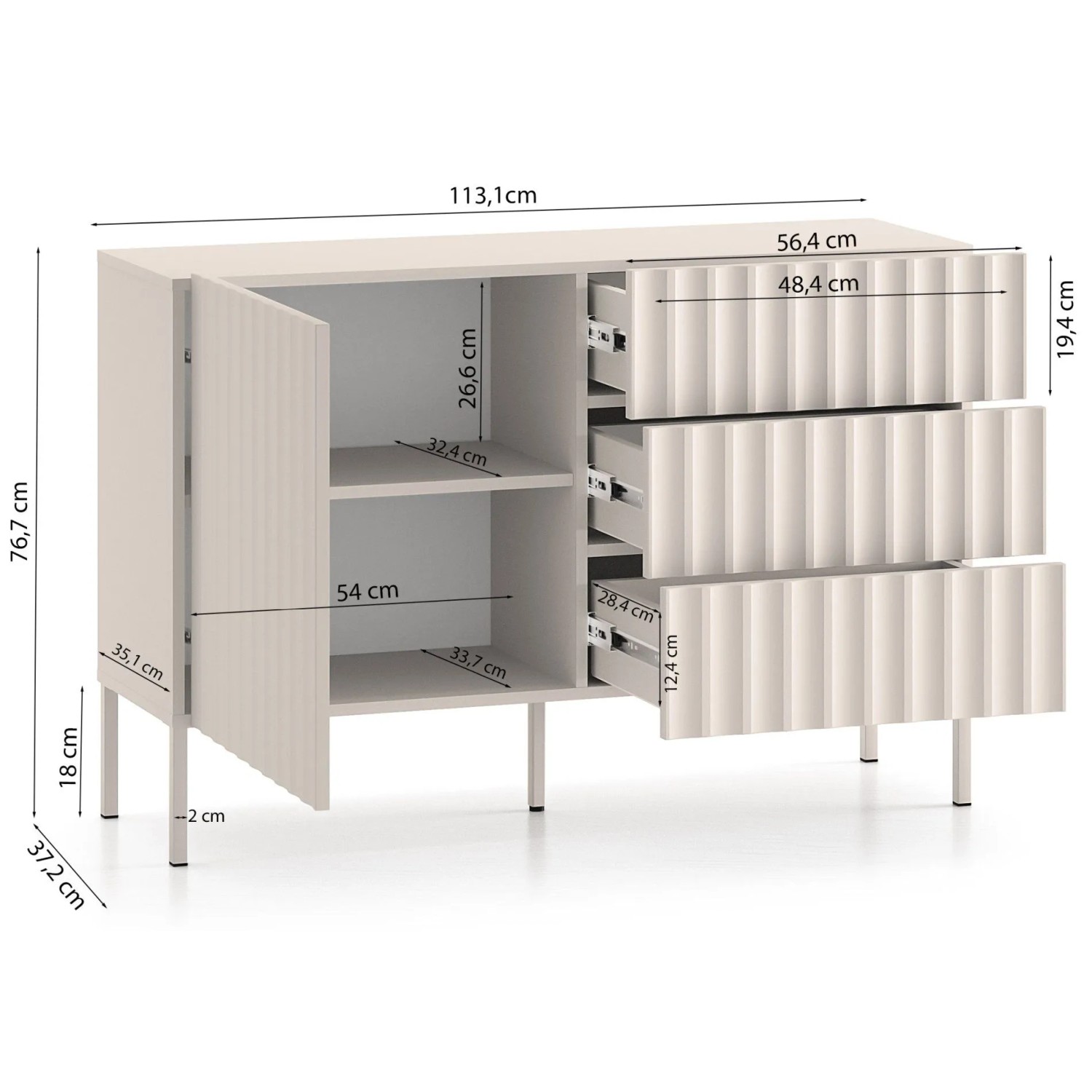 Selsey Sideboard Derriva in Kaschmir, 113 cm breit. Gerillte Fronten, 3 Schubladen, 2 Fächer, Metallbeine.
