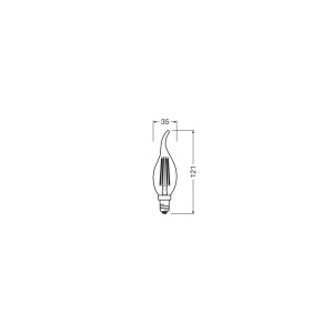 Technische Zeichnung: Osram LED E14 Kerzenform, Maße 12,1x3,5cm, klares Glas.