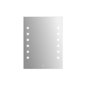 Rechteckiger, silberfarbener LED-Leuchtspiegel Capella II, 60x80 cm, mit seitlicher Beleuchtung.