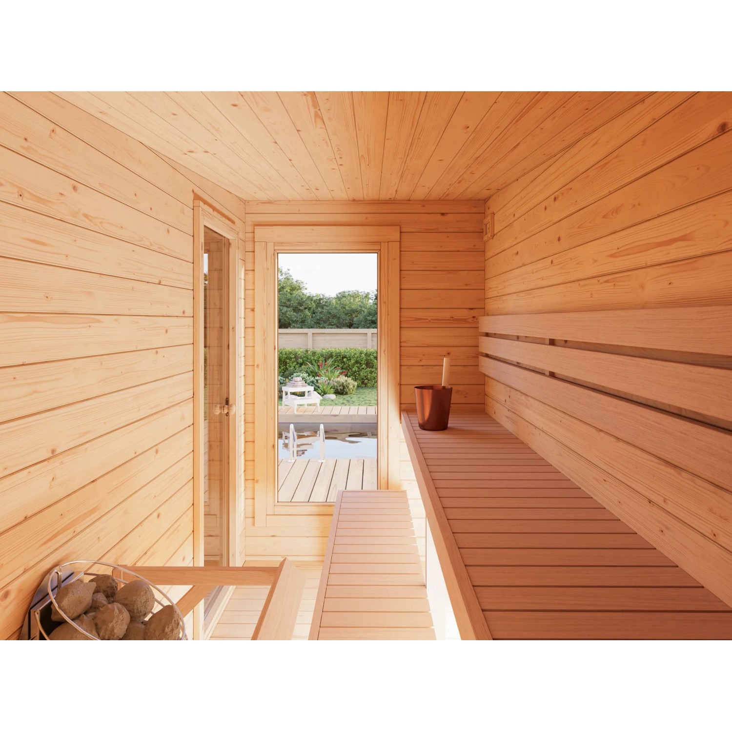 Innenansicht: Palmako Sauna Sanna Slide Plus aus naturbelassenem Fichtenholz mit Bänken und Ofen.