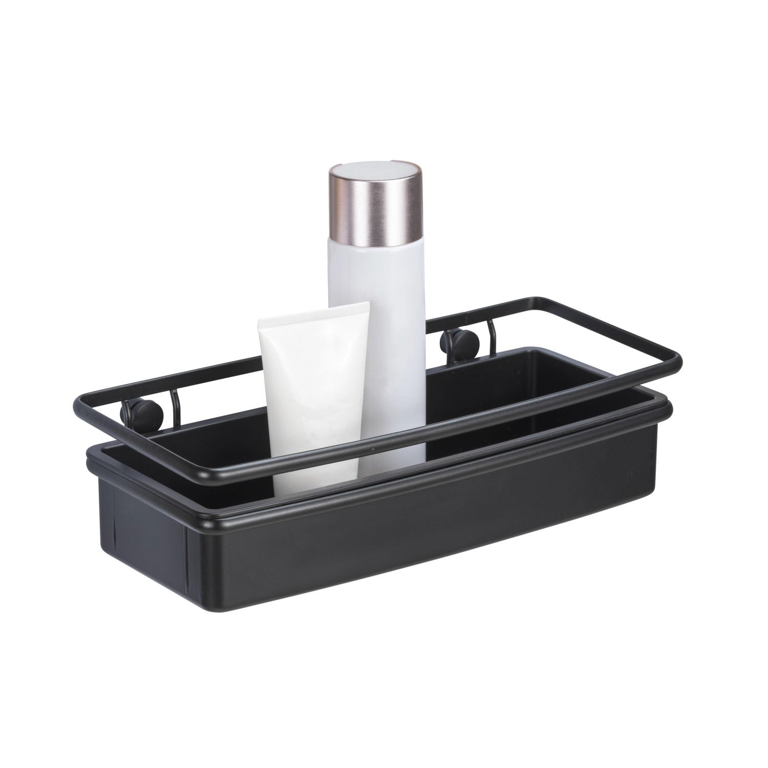 Schwarze WENKO Wandablage Molinella mit Duschgel und Creme, Draht-Optik.