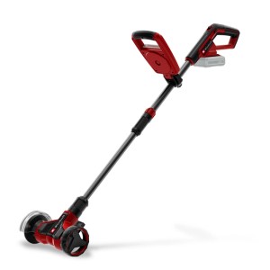Roter Einhell Akku-Fugenreiniger mit Teleskopstiel und Führungsrad für kabellose Fugenreinigung. Power X-Change.