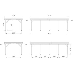 Technische Zeichnung Palmako Carport Karl, Maße: 315 x 732 cm, dunkelgrau lackiert.