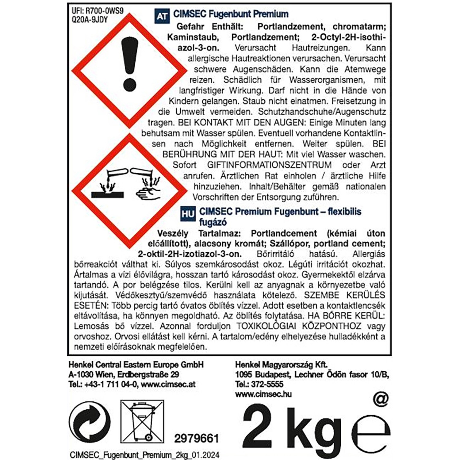 Cimsec Premium Fugenbunt Honig 2 kg Verpackung mit Warnhinweisen.