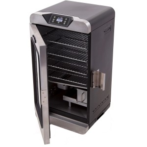 Char-Broil Elektro-Räucherofen Digital Smoker mit offener Tür und Edelstahl-Räucherrosten.