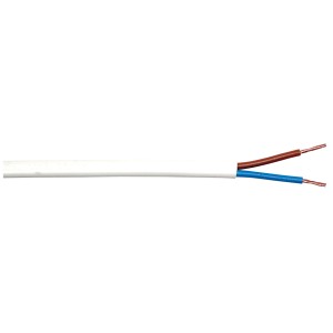 Weiße Schlauchleitung H03VVH2-F 2x0,75 als Meterware, mit blauem und braunem Innenleiter.