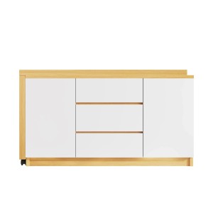 Weißes Sideboard mit Eiche-Details, 2 Türen, 3 Schubladen und Rollen. Flexibler Schreibtisch für Wohnzimmer.