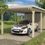 Skan Holz Carport Emsland mit Abstellraum, naturbelassen, mit geparktem Auto.