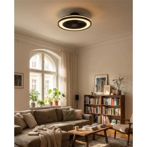 Schwarzer Eglo LED-Ventilator Sint Andre (Ø 49,2 cm) mit Beleuchtung in modernem Wohnzimmer.