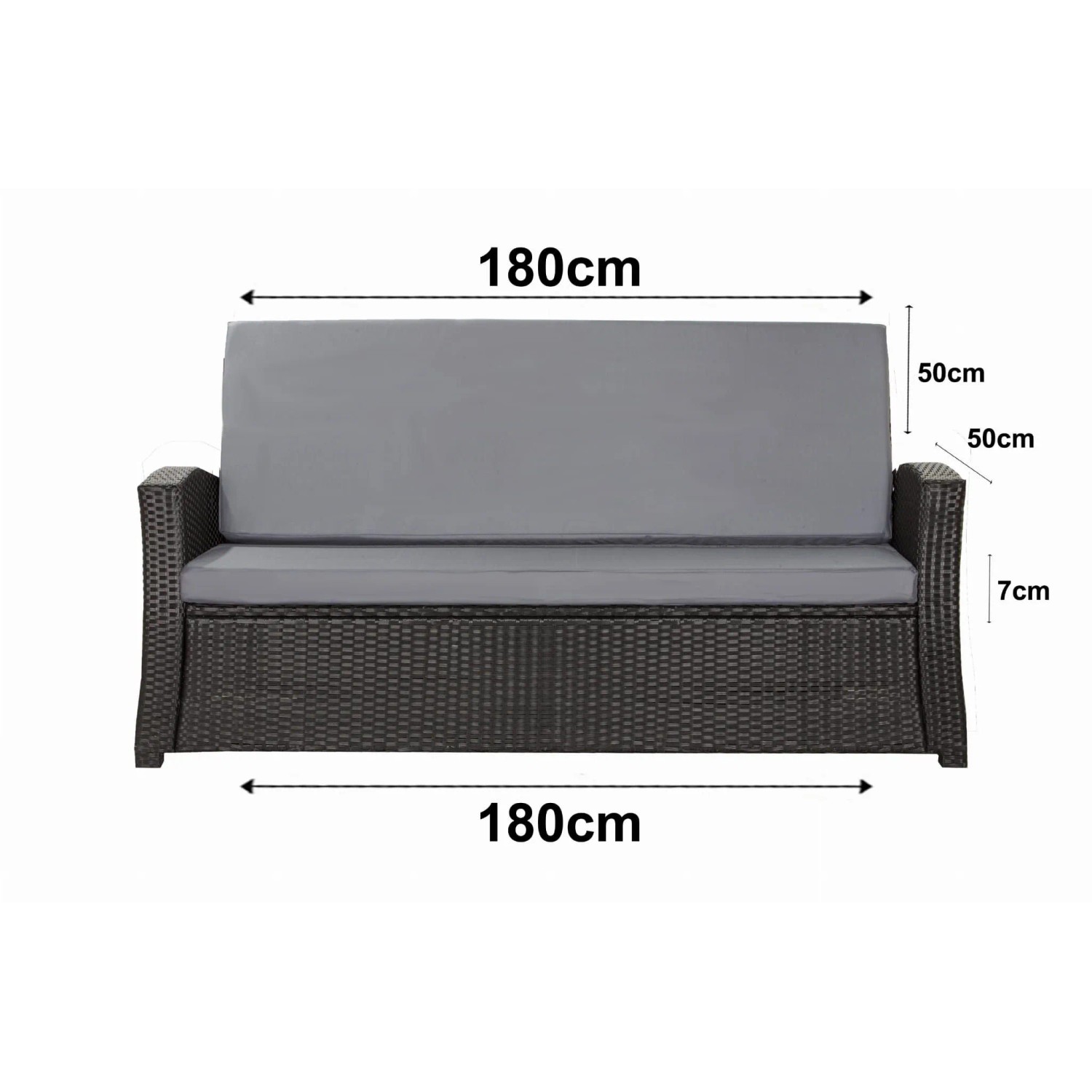 Graues Gartenkissen-Set für 3-Sitzer Polyrattan-Sofa, 180x50x50cm, bequeme Sitzauflage.