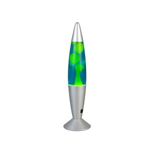 Gelbe Reality LED Lavaleuchte Vesuv, eine dekorative Design-Tischlampe mit silberfarbenem Fuß.