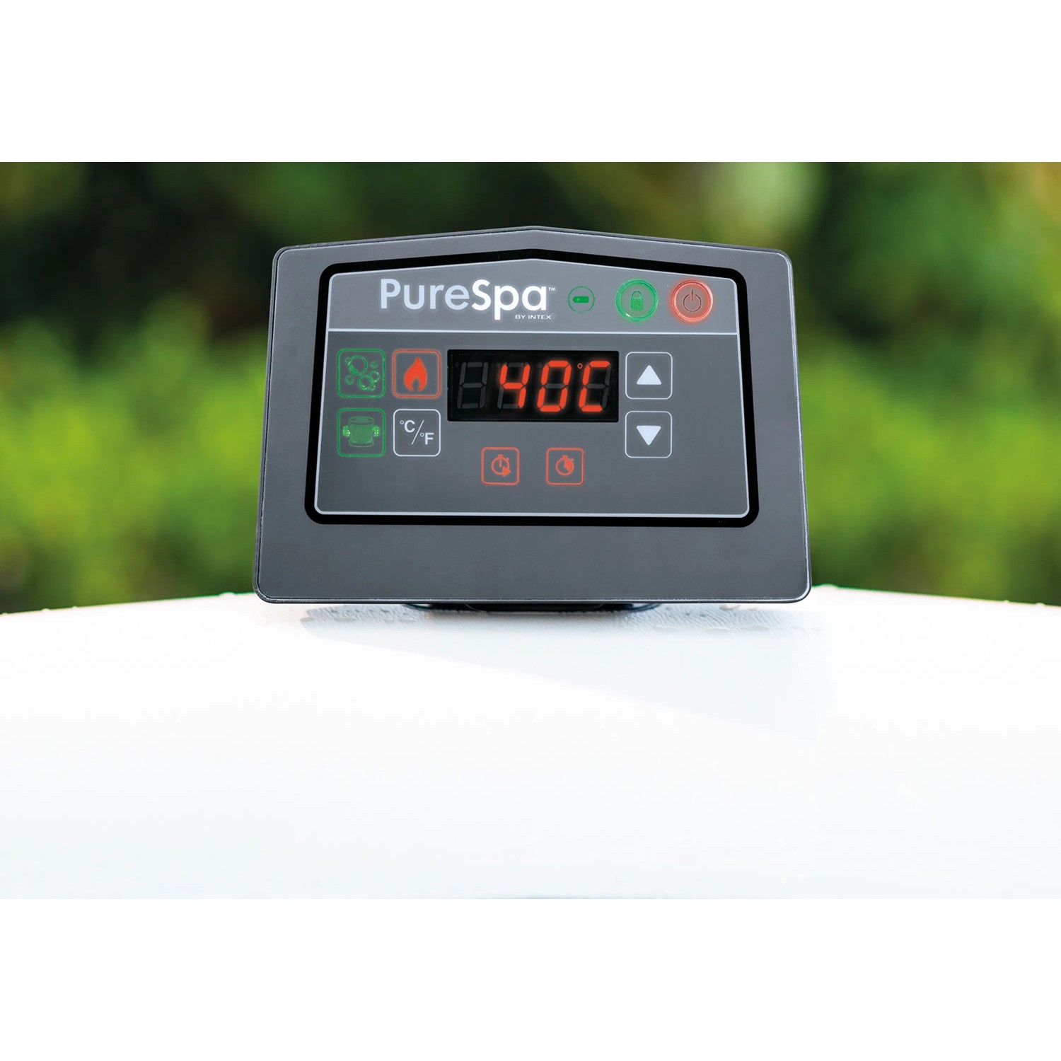 Detailaufnahme der Steuereinheit für Intex PureSpa Bubble Massage Greywood Deluxe Whirlpool.