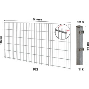 Floraworld Doppelstabmattenzaun-Set, verzinkt, 103x200cm, mit Pfosten. Komplettset für Gartenzäune.